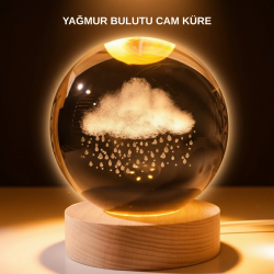 Mey İthalat® USB LED 3D Yağmur Bulutu Kristal Küre Sıcak Işıklı Ahşap Standlı Gece Lambası