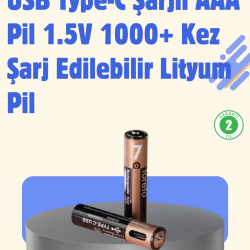 Mey İthalat® USB Type-C Şarjlı AAA Lityum Pil | 1.5V Sabit Voltaj, 1000+ Şarj Döngüsü ile Uzun Ömür
