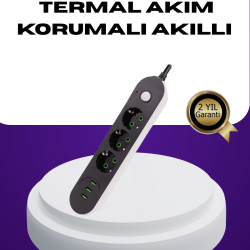 Mey İthalat® USB Yuvalı Anahtarlı Üçlü Priz 2 Metre Kablolu