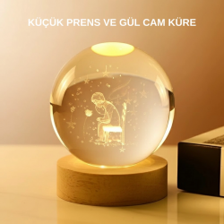 Mey İthalat® USB’li Küçük Prens Işıklı Cam Küre Ahşap Altlıklı Dekoratif Lamba