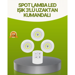 Mey İthalat® Uzaktan Kumandalı 3 Lü Kablosuz Led Spot Lamba Seti Yapışkanlı Pratik Kullanım