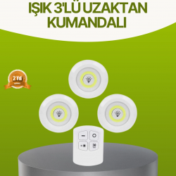 Mey İthalat® Uzaktan Kumandalı 3 Lü Kablosuz Led Spot Lamba Seti Yapışkanlı Pratik Kullanım