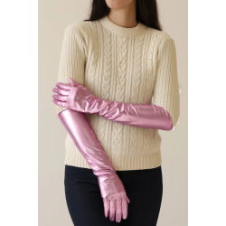 Mey İthalat® Uzun Boy Ekstra Parlak Eldiven Pembe Renk İç Kısım Vinleks Deri Dirsek Boyu