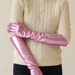 Mey İthalat® Uzun Boy Ekstra Parlak Eldiven Pembe Renk İç Kısım Vinleks Deri Dirsek Boyu