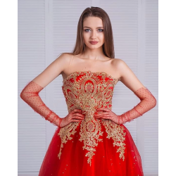 Mey İthalat® Uzun Boy Kırmızı Puantiyeli Kırmızı Renk Yetişkin Tül Eldiven 55 cm