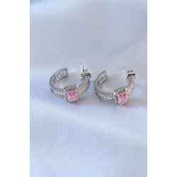 Mey İthalat® VIP Seri Gümüş Renk Yarım Halka Model Zirkon Taşlı Pirinç Kadın Küpe