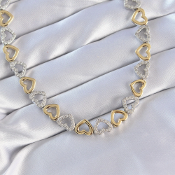 Mey İthalat® Vip Seri Pirinç Çift Renk Zirkon Taşlı İçi Boş Kalp Tasarımlı Kolye