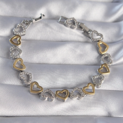 Mey İthalat® Vip Seri Pirinç Çift Renkli Zirkon Taşlı İçi Boş Kalp Tasarımlı Bileklik