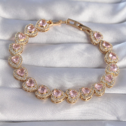 Mey İthalat® Vip Seri Pirinç Gold Renk Pembe Zirkon Taşlı Kalp Tasarımlı Bileklik