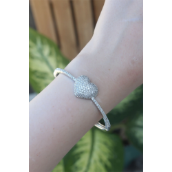 Mey İthalat® Vip Seri Pirinç Zirkon Taşlı Gümüş Renk Kalp Model Kelepçe