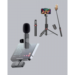 Mey İthalat® Vlog ve Canlı Yayın İçin Çift Yaka Mikrofonu ve Tripodlu Selfie Çubuğu Seti