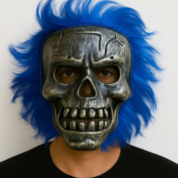 Mey İthalat® Wild Skull - Gümüş Kafatası Mavi Saçlı İskelet Maske