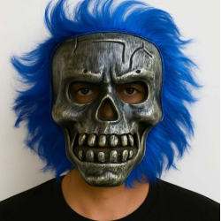 Mey İthalat® Wild Skull - Gümüş Kafatası Mavi Saçlı İskelet Maske