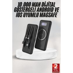 Mey İthalat® Wireless Powerbank 10000 Mah LED Ekranlı Dahili Kablolu Hızlı Şarj