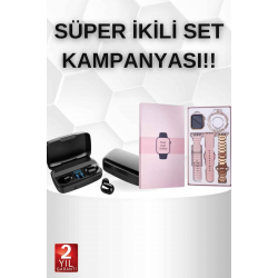 Mey İthalat® Wireless Şarjlı Pembe Akıllı Saat ve Kablosuz Bluetooth Kulaklık Dokunmatik Kontrol