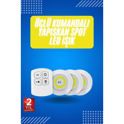 Mey İthalat® Yapışkanlı 3'lü Spot Led Işık Lamba Montajsız Pilli Uzaktan Kumandalı