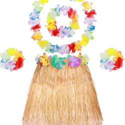 Mey İthalat® Yetişkin Çocuk Hawaii Parti Seti - 40 cm Naturel Etek + Çiçek Aksesuarlar (5 Parça)