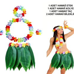 Mey İthalat® Yetişkin Hawaii Kostüm Seti - Yaprak Etek & Hawaii Set - 5 Parça