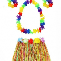 Mey İthalat® Yetişkin ve Çocuk Uyumlu Luau Aloha Hawaii  Kolye Renkli Etek Taç ve Bileklik Seti