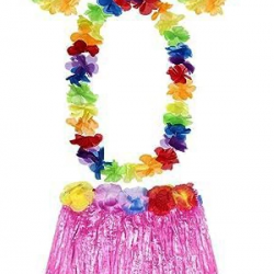 Mey İthalat® Yetişkin ve Çocuk Uyumlu Luau Aloha Hawaii Pembe Etek ve Renkli Kolye Taç 2 Adet Bileklik Seti