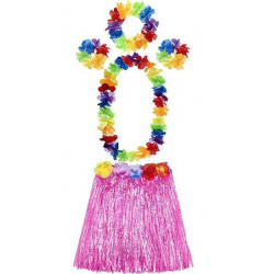 Mey İthalat® Yetişkin ve Çocuk Uyumlu Luau Aloha Hawaii Pembe Etek ve Renkli Kolye Taç 2 Adet Bileklik Seti