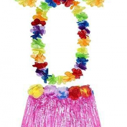 Mey İthalat® Yetişkin ve Çocuk Uyumlu Luau Aloha Hawaii Pembe Etek ve Renkli Kolye Taç 2 Adet Bileklik Seti