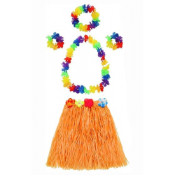 Mey İthalat® Yetişkin ve Çocuk Uyumlu Luau Aloha Hawaii Turuncu Etek ve Renkli Kolye Taç 2 Adet Bileklik Seti