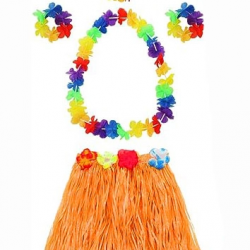 Mey İthalat® Yetişkin ve Çocuk Uyumlu Luau Aloha Hawaii Turuncu Etek ve Renkli Kolye Taç 2 Adet Bileklik Seti
