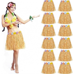 Mey İthalat® Yetişkin ve Çocuk Uyumlu Saman Renk Hawaii Luau Hula Etek 40 cm 12 Adet