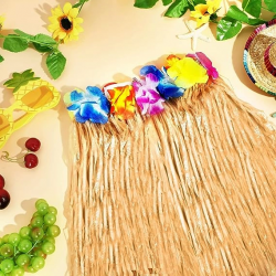 Mey İthalat® Yetişkin ve Çocuk Uyumlu Saman Renk Hawaii Luau Hula Etek 40 cm 12 Adet