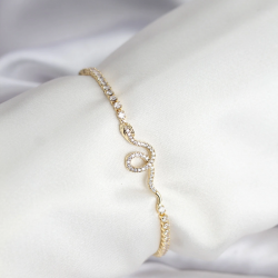 Mey İthalat® Yılan Model Zirkon Taşlı Gold Renk Pirinç Su Yolu Kadın Bileklik