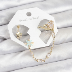 Mey İthalat® Yıldız Model Pirinç Gold Renk Zincir Bağlantılı Ear Cuff Küpe Seti
