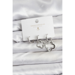 Mey İthalat® Yonca Model Gümüş Renk Pirinç 3'lü Kadın Küpe Seti