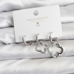 Mey İthalat® Yonca Model Gümüş Renk Pirinç 3'lü Kadın Küpe Seti