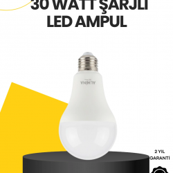 Mey İthalat® Yüksek Işık Güçlü Şarjlı LED Ampul E27 30W Enerji Tasarruflu