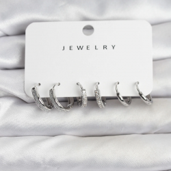 Mey İthalat® Zirkon Taşlı Gümüş Renk Pirinç Kadın Küpe Seti