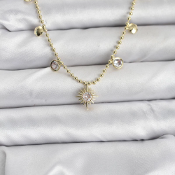 Mey İthalat® Zirkon Taşlı Kutup Yıldızı Model Pirinç Gold Renk Kadın Kolye