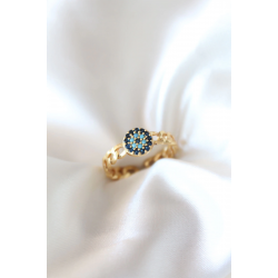 Mey İthalat® Zirkon Taşlı Nazarlı Altın Kaplama Kadın Yüzük