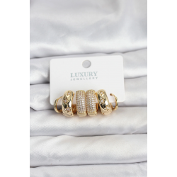 Mey İthalat® Zirkon Taşlı Pirinç Gold Renk Halka Kadın Küpe Seti