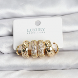 Mey İthalat® Zirkon Taşlı Pirinç Gold Renk Halka Kadın Küpe Seti