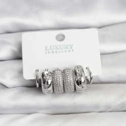 Mey İthalat® Zirkon Taşlı Pirinç Gümüş Renk Halka Kadın Küpe Seti