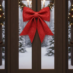 Büyük ve Kaliteli Kırmızı Simli Eva Fiyonk Dekor Yılbaşı Çam Ağacı Kapı Süsü 60 X 65cm