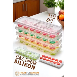 Mey İthalat® Buz Kalıbı - Bas-Bırak Kapaklı Silikon Buz Kalıbı 4 lü SET 721815