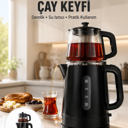 Mey İthalat® 0,9 L Cam Demlik ve 1,7 L Su Haznesi ile Çay Keyfi Yeni Nesil