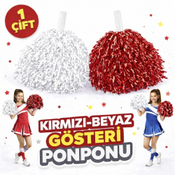 Mey İthalat® 1 Çift ( 2 Adet ) Kırmızı-Beyaz Renk 23 Nisan 19 Mayıs 29 Ekim Okul Gösteri Ponponları Ekstra Dolgun