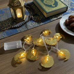 Mey İthalat®  10 Adet Sarkıtlı Ramazan Hilal Üstü Cami Temalı LED Işık – Pilli 2 Metre Ramazan Süsü, İslami Dekorasyon, Ev ve Mekanlar İçin Dekoratif Ortam
