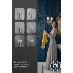 Mey İthalat® 10'lu Şeffaf Yapışkanlı Askı, Mutfak Banyo Duvar Askısı, Çivisiz Pratik Kanca Seti