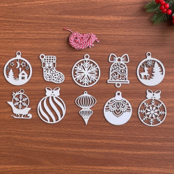 Mey İthalat®  10 Parça Kırmızı Beyaz İpli Karışık Model Ahşap Yılbaşı Ağaç Süsü