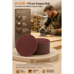 Mey İthalat® 12 ADET 60 KUM Yuvarlak Cırtlı Zımpara Diski 115 mm Deliksiz Zımpara Kağıdı 723215