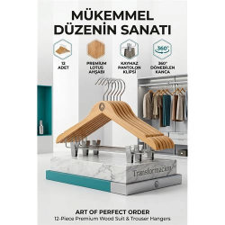 Mey İthalat® 12'li Ahşap Takım Elbise Askısı Seti | Kıskaçlı Pantolon Askısı Kaymaz Çentikli Ceket Askılığı  723123